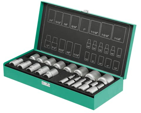 Jeu de douilles pouces 1/4 & 1/2 pouces 24pcs par WIESEMANN 1893 I Jeu d'écrous dans les tailles 5/32-9/16 pouces I De la série ENCORE I Avec une mallette pratique I 81512