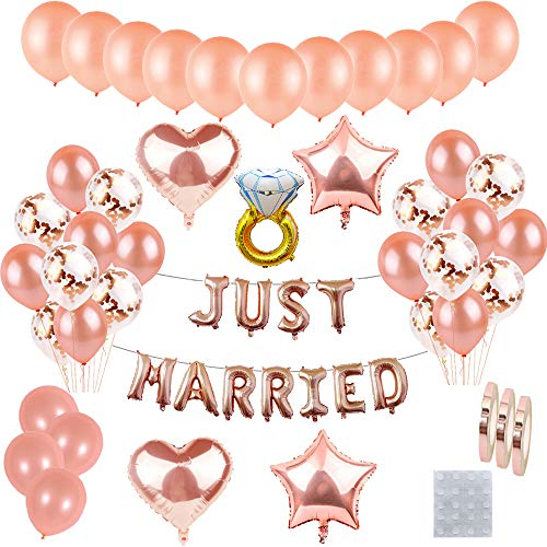 55 Stück Just Married Deko Rosegold Luftballons Set:Helium Buchstaben Folienballons Just Married Banner Girlande,Rose Gold Konfetti Latex Ballons für Bridal Shower Verlobungs Hochzeit Party Dekoration
