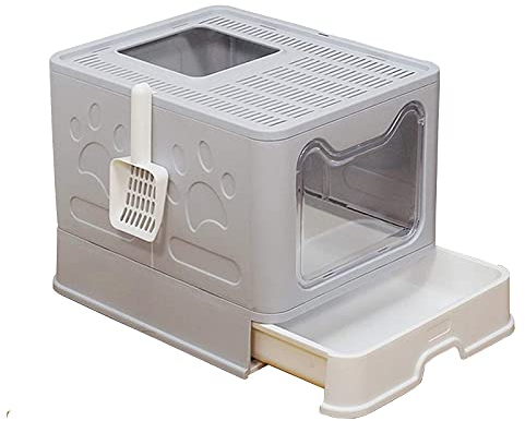 Uotyle XXL Foldable Cat Litter Box with Lid and Pet Litter Shovel - Large Cat Tray, Grey