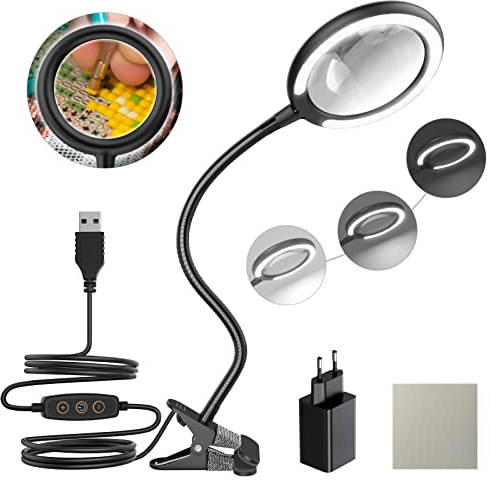 DUDSOEHO 3-Fach Dimmbare Tageslicht-LED Lupenleuchte, Klemmlupe mit 6 einstellbaren Lichteinstellungen für Lesen, Senioren, Hobbys, Basteln