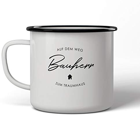 Robuste Emaille-Tasse Bauherr für die Baustelle beim Hausbau, Kaffeebecher 300 ml als Geschenk zum Richtfest