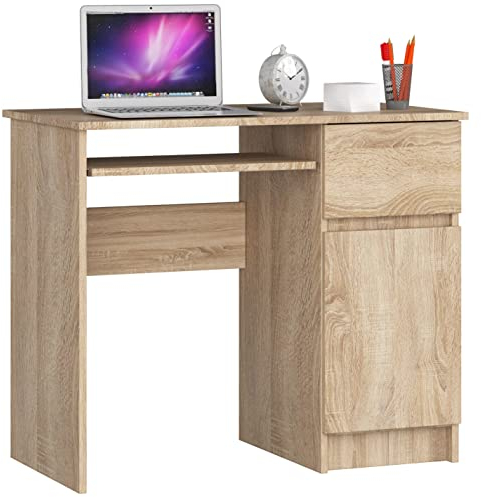 AKORD | Escritorio con Estante para Teclado | Escritorio de Oficina | Cajón y Contenedor en el Lado Derecho | para Computadora PC Portátil | 90x77x50 cm | 30 kg Roble Sonoma