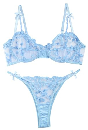 Lilosy Sexy Lingerie Set 2 Piece Women Bra and Panty Bow Light Blue S