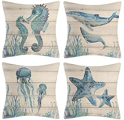 Vgzsyomqib Oceano Federe Cuscini Camera da Letto 45x45 cm Mare Coralli Animali Fodera Cuscino Casa Vintage Divano Fodere Copricuscini Soggiorno Cucina Arredo Esterno Set di 4 Pezzi Beige Blu