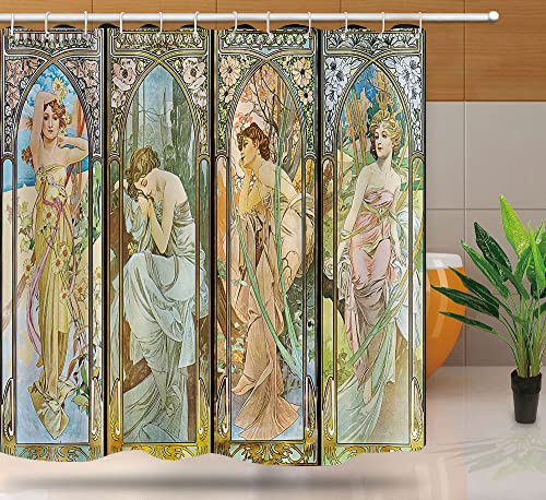 NTETSN YLYYNT2402 Duschvorhang, Jugendstil, ästhetische Kunstzeiten des Tages, Morgenaufwachen, Tagesanbruch, Abend, Nachtruhe, Stoff-Duschvorhänge, 183 x 183 cm
