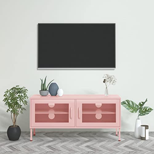 Susany Gecheer Mueble TV de Acero con 2 Puertas de Malla y Estante - Color Rosa - 105x35x50 cm
