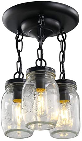 Siet Vintage Black Pendant Lights Mason Jar Hanging Lamp Farmhouse Lighting Fixture Chandelier, 3-Light Drop Ceiling Lamps for Kitchen Island Dining Room Hallway Bar Foyer