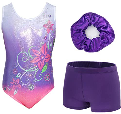 Aosva Gymnastikanzug für Mädchen, einteilig, glitzernd, bunt, Regenbogen, Tanzen, athletischer Turnanzug, 2–14 Jahre, Violettes Blumen-Set, 9-10 Years(150CM)