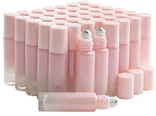 Pxyelec 42pcs 10ml Essential Oil Bottle Perfume Roll on Bottles with Stainless Steel Balls Portable Refillable Oil Sample Bottles, Pink Gradient(Opener and Funnel Included)