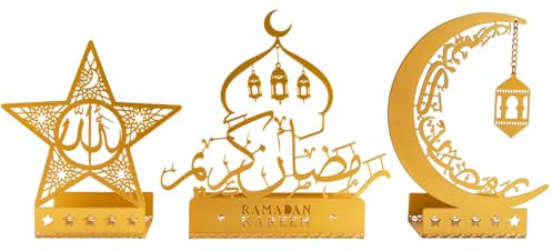 Ramadan Table Decor Metal Eid Decoration For Home Mubarak Islamic Kareem Ideas Gift Sign Ayatul Kursi Arabic Moon Tray Centerpiece Fireplace Mantle Allah (Gold)