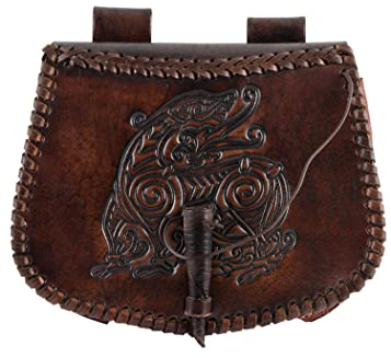 Battle-Merchant | Mittelalter Gürteltasche mit Drachen-Prägung aus Leder | Bauchtasche für Damen und Herren in Braun | Wikinger Reenactment Ledertasche für den Gürtel