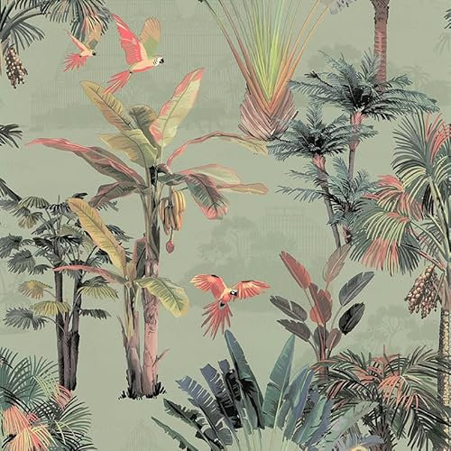 Lutèce Papier peint en vinyle de qualité supérieure avec palmiers et perroquets pour chambre à coucher, couloir, salon, lavable, amovible, écologique, fabriqué en France, 53 cm de large x 10 m de