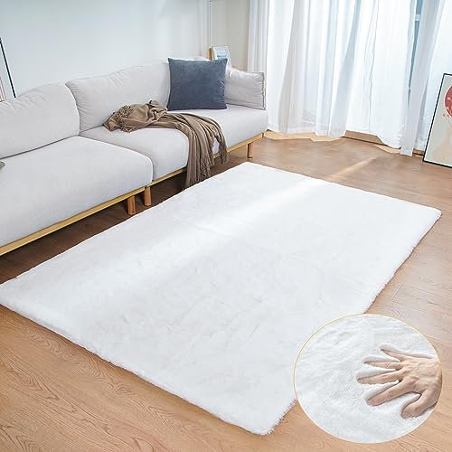 ORINOVA Teppich Wohnzimmer Waschbar Weiß 120x180 cm Kunstfell Flauschiger Kurzflor fellteppich Schlafzimmer Kinderzimmer Bettvorleger Gegend Deko Weich Rechteckig
