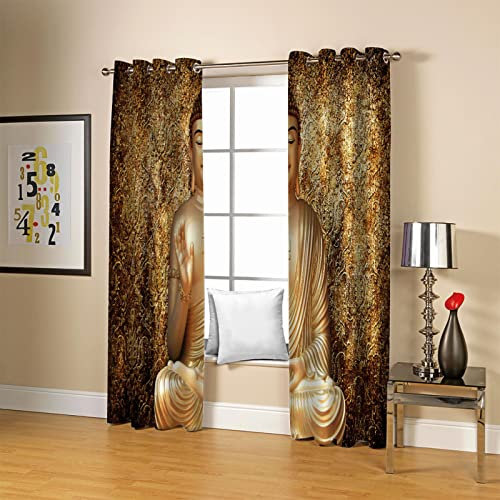 HOUKAI Gardinen Kurz Wohnzimmer 2 Er Set 140x200Cm 3D Goldener Buddha Druck Vorhang Verdunkelung Mit Ösen Für Schlafzimmer Wohnzimmer Kinderzimmer, Blickdicht Vorhänge Verdunkelungsvorhang Mit Muster