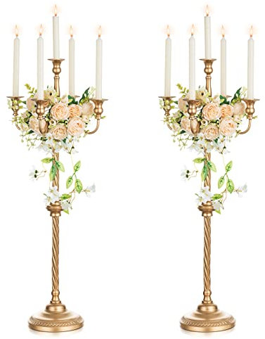 Nuptio Kandelaber Kerzenständer 5 Armig: 88cm Satz von 2 Kerzen Ständer Halter hoch, Gold Metall Kandelaber Kerzenhalter Retro für Home Hochzeit Weihnachten Halloween Geburtstag Jahrestag