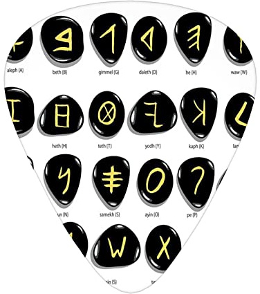 Stones-Gitarrenplektren, 12er-Pack, universelle ABS-Gitarrenplektren, Illustration eines handgezeichneten phönizischen Alphabets in runden Spa-Steinen, für Akustik- und E-Gitarre, Weißgold/Schwarz