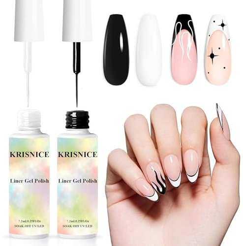 KRISNICE Vernis Semi Permanent Vernis à Ongles Gel Art Gel Liner Paint Design Set Blanc Noir Couleur Brosse Fine Shellac Cadeau UV LED Art Kit(KLX2-002)