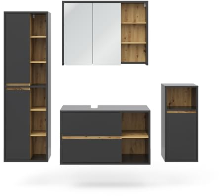 Vicco Badmöbel-Set Viola, Badezimmerschrank-Set, Anthrazit/Eiche, 4 Teile