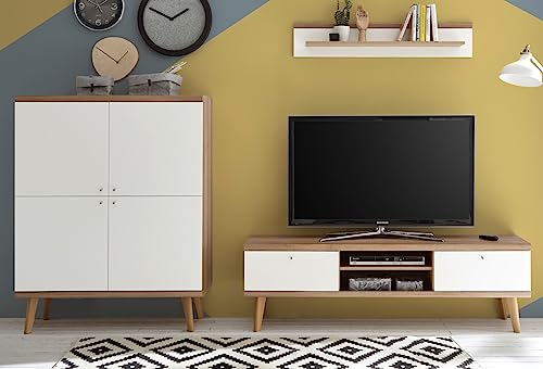 Furn.Design Wohnwand in weiß und Eiche Riviera Schrankwand skandinavisch 3-teilig 277 x 160 cm, Helge