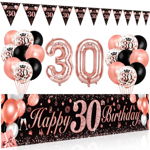 Bluelves 30 Geburtstag Frauen Deko, Luftballons 30. Geburtstag, Schwarz Roségold Extra Lange Happy Birthday Banner (210 x 40cm) + Girlande Wimpel + Schwarz Rosegold Konfetti Luftballons