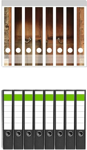 Wallario 8 Stück schmale Ordner inkl. Klebeetiketten mit Motiv Holztür Natur - Set mit Rückenschildern/Ordnerrücken Stickern