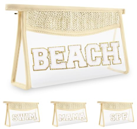 Iqimott Boho-Aufnäher, transparente Make-up-Tasche, Brieftasche, wasserdichter Reißverschluss, Make-up-Tasche, Kulturbeutel, Strand-Beige, 10.23 inches, Bohemian-Stil