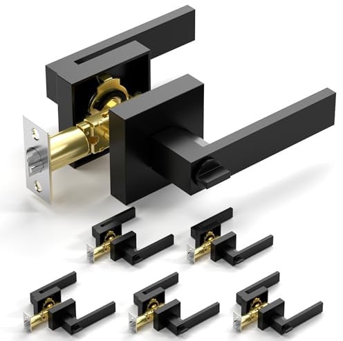 Mefape 6 Pack Matte Black Square Interior Door Handle, Heavy Duty Keyed Door Lever Handles for Bedroom