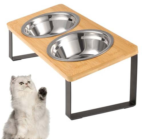 Radsocken Elevated Cat Food Bowls, 15° Tilted Raised Stainless Steel Cat Feeding Dishes with Wooden Stand Anti Vomiting for Indoor Cats Whisker Fatigue, Protect Pet's Spine, Non-Slip