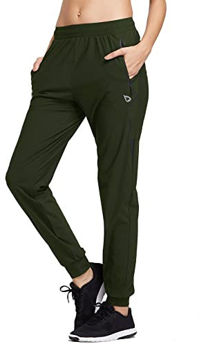 baleaf Jogginghose Damen Jogginghose Leicht Sporthose lang Trainingshose Atmungsaktiv Laufhose schnelltrocknend Jogginghose Reißverschlusstasche Sommer Tiefgrün L