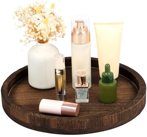Round Wood Tray Vintage Serving Platter 30cm Candle Tray Tea Light Plate Farmhouse Coffee Table Decor Multipurpose Dessert Plate for Table Centerpiece Home Decor (Dark Coffee)
