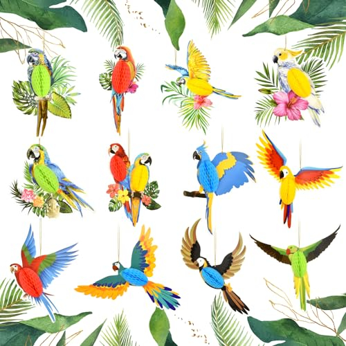 DTYGUIXE Set Decoración de Pajaros Tropicales, 12 Piezas de Decoración de Loros Multicolores Decoración para Fiesta Tropical Decoración Colgante para Fiesta Hawaiana de Cumpleaños Boda Aniversario