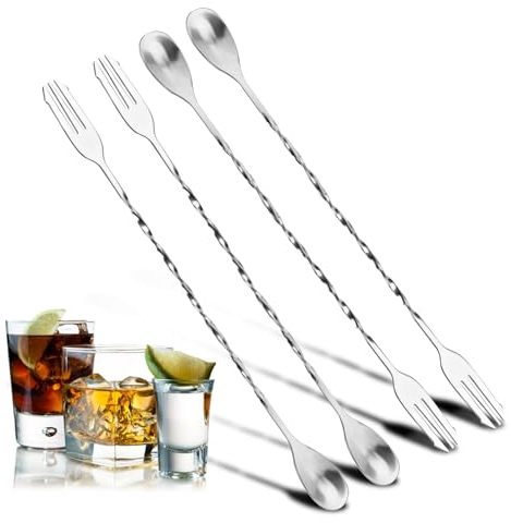 4pcs Cocktail Mixing Spoons, Bar Spoon Cocktail Spoon Long Handle Stirring Spoons Spiral Handle Bar Stirrers Ladles with Trident Tip for Drink Tea Coffee Juice Ice Cream Milkshakes