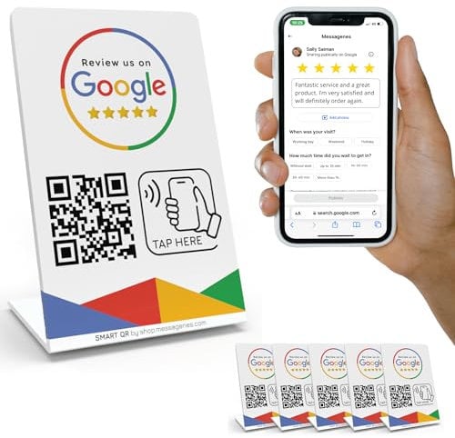 Soporte para reseñas instantáneas - Paquete de 5 Soportes - QR & Tap NFC - Soporte Inteligente Reutilizable - Toque y escanee para Obtener reseñas - Funciona en Todos los Dispositivos
