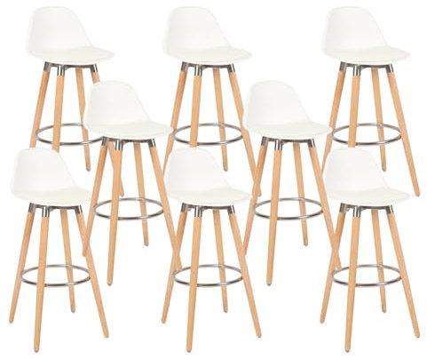 Box and beyond - Lot de 8 Tabourets de Bar - Hauteur 91 cm - Bois, Métal et Plastique Blanc - Repose-Pieds -Cuisine, Salon, Salle à Manger, Ilot de Cuisine, Bar - Style Moderne et Contemporain
