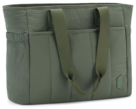 VASCHY Puffer Tote Bag for Women, Lightweight Utility Work Quilted Puffy Laptop Tote Purse with Compartments Zipper Handbag for Teachers/Travel/Shopper,Sage Green