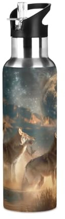 Niigeu Art Lune Animal Loup Bouteille d'eau Isotherme avec Paille en Acier Inoxydable Gourde, Sans BPA Gourdes Eau pour Enfant Sport Randonnée École Bureau (600ml/1L)