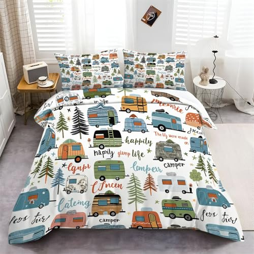 Generisch Bettwäsche-Set Wohnwagen Schnitt Schnitt Muster Bettbezug, Grün Bettbezug Reißverschluss mit 2 Kissenbezug 80x80cm, Bettbezüge Weich Mikrofaser für Vier Jahreszeiten 135 x 200 cm