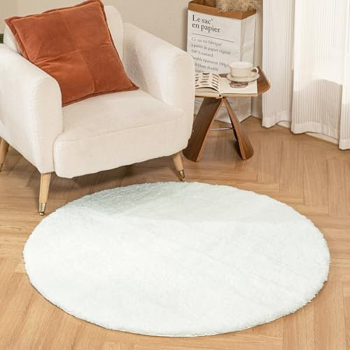 Latepis Teppich Rund Weiß Flauschig 90 cm Badteppich Schlafzimmer Kinderzimmer Wohnzimmer Runder Klein Kunstfell Teppich Kuschelig Waschbar rutschfest