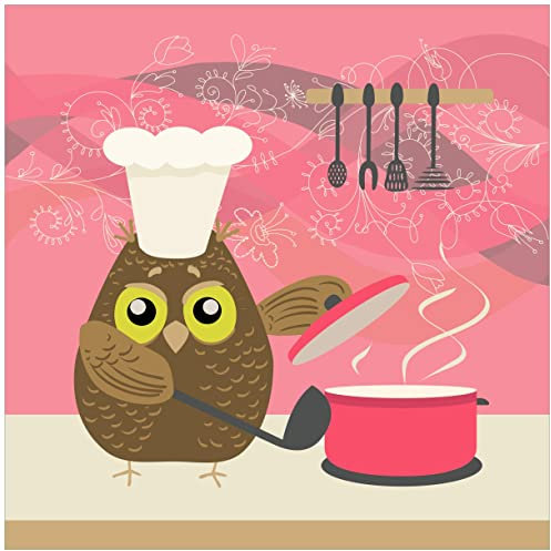 Wallario Glasbild Lustige Eule beim Kochen mit Kochmütze - 55 x 55 cm Wandbilder Glas in Premium-Qualität: Brillante Farben, freischwebende Optik