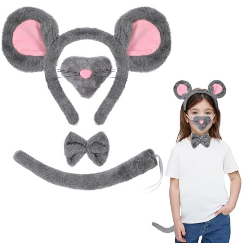 4PCS Maus Kostüm Zubehör, Maus Ohren Grau Haarreif Nase Fliege und Schwanz, Ratten Kostüm Tierkostüm Erwachsene Kinder für Halloween Karneval Cosplay Geburtstagsfeiern Maskeraden Welttag des Buches