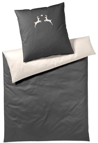 elegante Soft-Flanell Bettwäsche Alpenchic Hirsche Graphit, 1 Bettbezug 155 x 220 cm + 1 Kissenbezug 80 x 80 cm