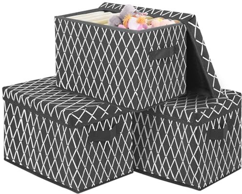 VERONLY Storage Boxes with Lids- Foldable Storage Baskets with Sturdy 2 Handles, (3 Pack) Collapsible Storage Bin, Cube Organizer for Closets, Bedroom,Nursery,Playroom,Clothes 37 x 26 x 22 cm (Grey)