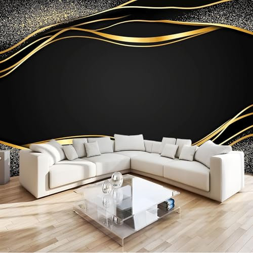 Générique Papier Peint Effet 3D Dessin Au Trait Lignes Dorées Paillettes Noir Photo Peintures Murales Salon Tv Canapé Thème Hôtel De Luxe Couloir Fond Mur Peinture Décor À La Maison 200 x 140 cm