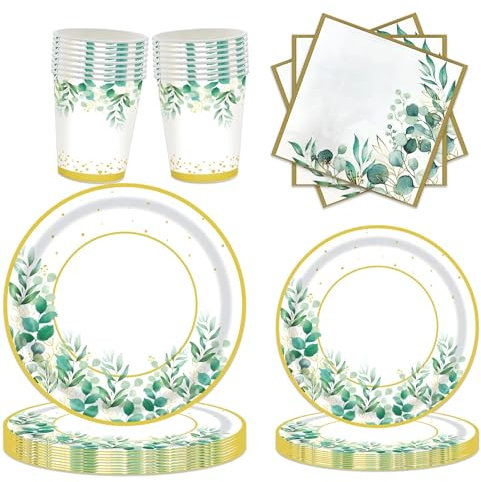 Vaisselle de Fête Assiette, 96PCS Assiette Anniversaire 24 Invités, Vaisselle de Fête Anniversaire Vert, Assiettes Jetable Anniversaire, Gobelet Serviette Papier,Vaisselle Assiettes pour Mariages Fête