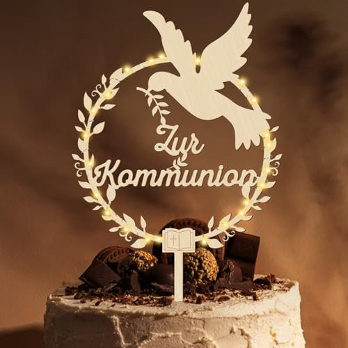 Giftota Cake Topper zur Kommunion aus Holz mit LED Lichterkette - Tortendeko Kommunion - Erstkommunion Tortendeko für Junge Mädchen - Kommunion Deko