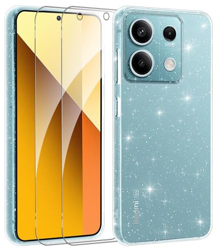 Votvloay Cover Glitter per Xiaomi Redmi Note 13 5G 6.67con 2 Pellicola Protettiva in Vetro Temperato,Aesthetic Brillantini Antiurto Custodia,Morbido TPU Silicone Case per Redmi Note 13 5G,Trasparente