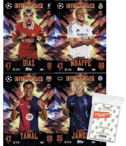 Bundle mit Match Attax Champions League 2024/25 EXTRA - Trading Cards - Alle 4 Invinciballer Limited Edition + Exklusive Collect-it Hüllen