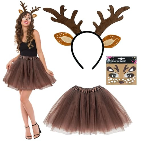 SAIIURV 3 Pièces Déguisement de Bois de Cerf Femme, Déguisement Animaux Bandeau en bois de Renne de Noël Stickers Tatouage Visag Tutu, Serre-tête Oreilles de Cerf pour Adultes Cosplay Halloween