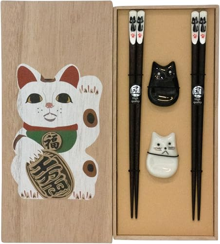 JADE TEMPLE Essstäbchenset mit Katze Bänkchen in Holzbox - 1 Set