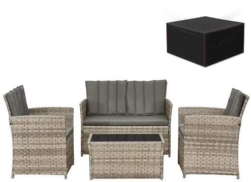 Aweather Rattan Garden Furniture Set Patio Conservatory Balcony Indoor Outdoor 4 Seater Piece Glass Top Coffee Table Modular Sofa Loveseat with Cushions and Waterproof Cover